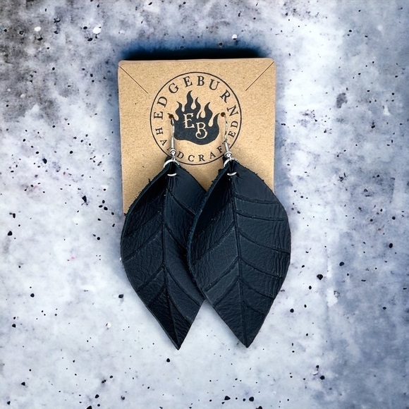 Handmade Black Leather Earrings Leaf Edgeburn Handcrafted Made In Montana - Picture 1 of 5